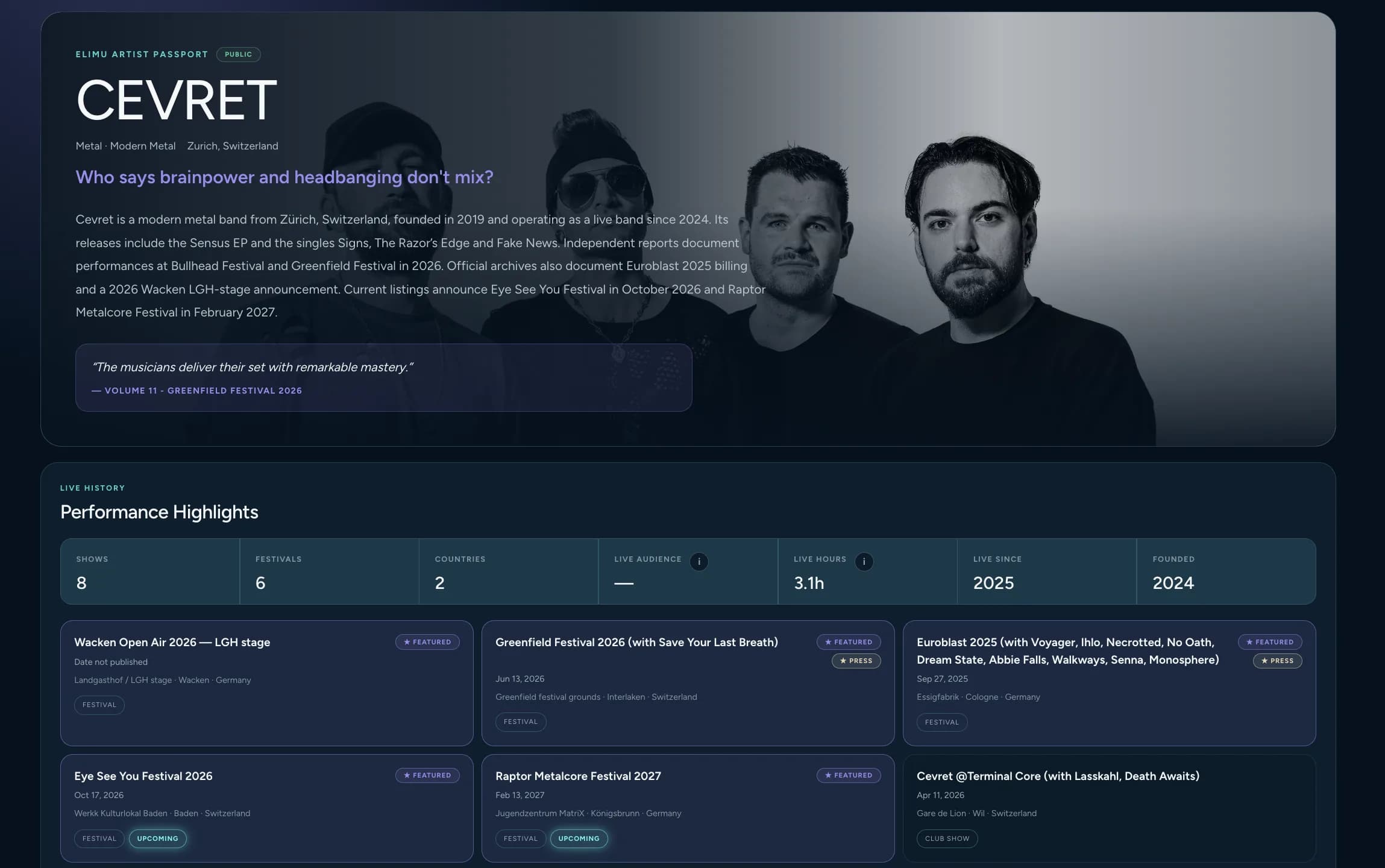 An ELIMU Artist Passport: the band's header and its live history with past and upcoming shows
